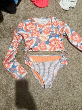 Roxy Girls Coral & Light Blue Floral Long Sleeve Rashguard Set
